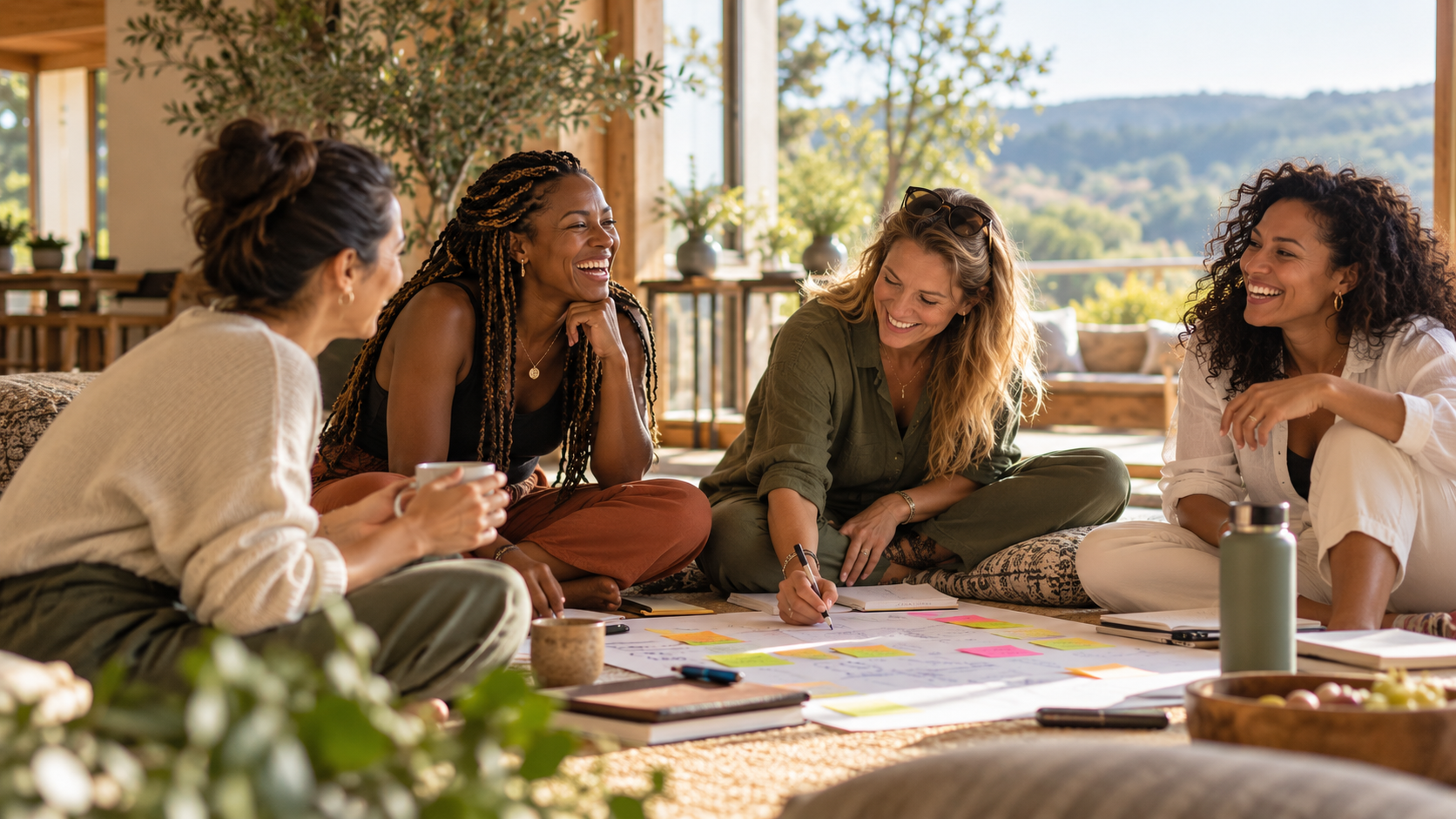 Women entrepreneurs collaborating in a relaxed retreat setting